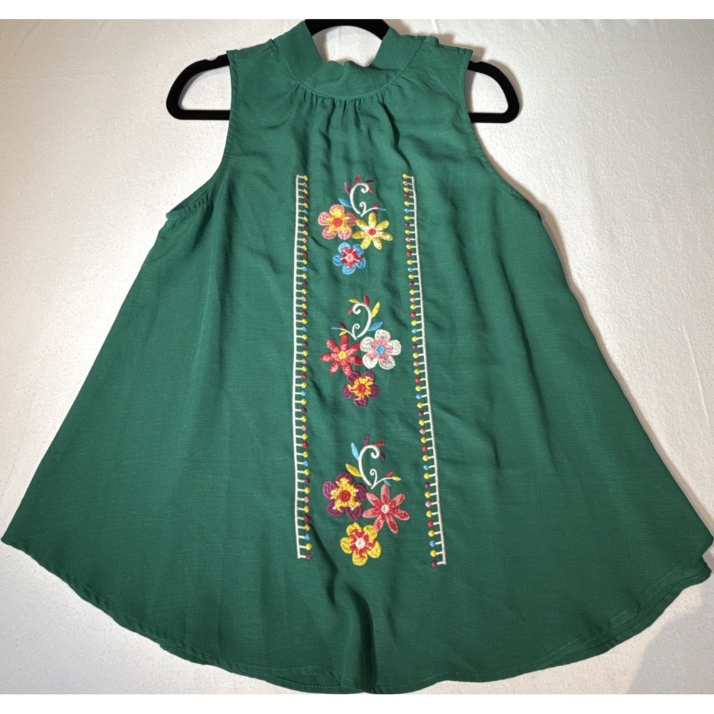Savanna Jane Embroidered Sleeveless Top Womens Size L Green Floral Mock Neck